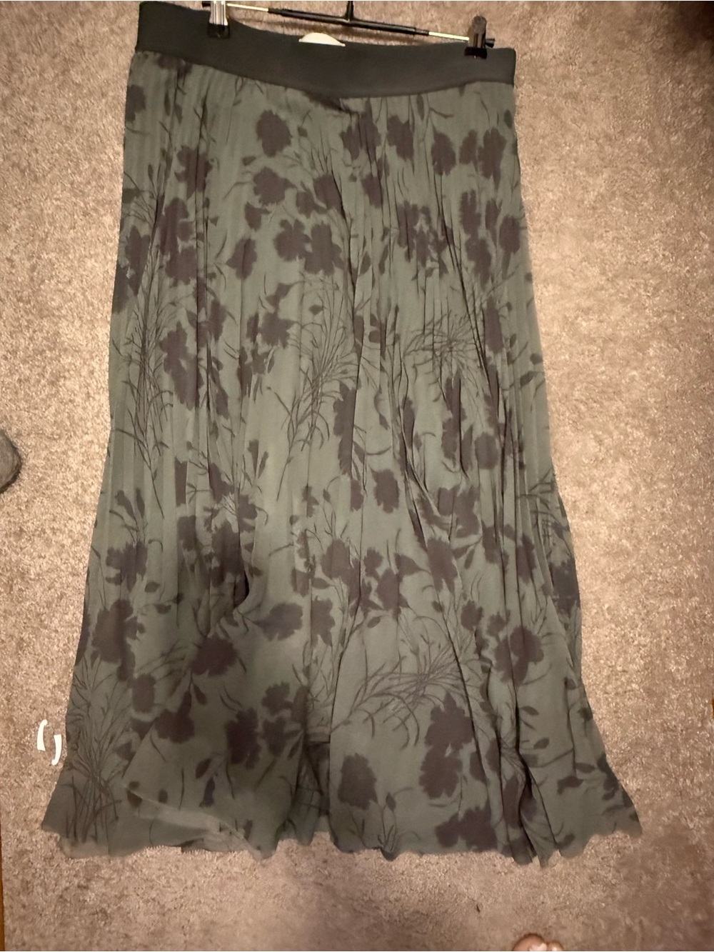 Aritzia Olive Green Twirl Skirt with Black Floral Print